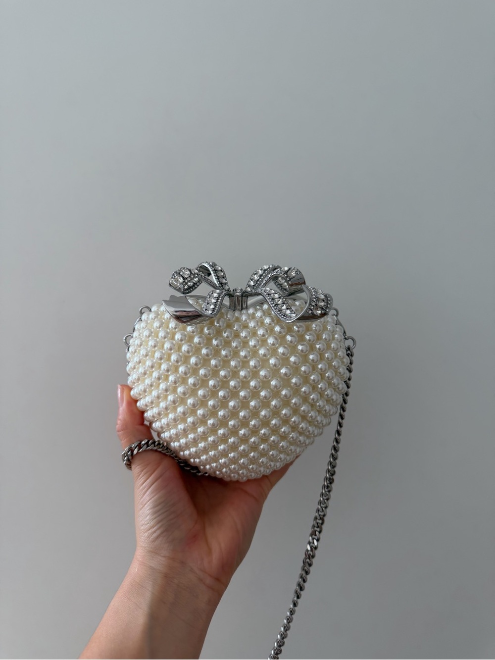 Self Portrait Pearl Heart Clutch with Crystal Bow - White